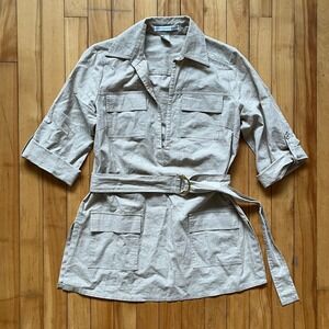 Saint Tropez West Linen Utility Belted Shirt Dress 3/4 Sleeve Beige size Small